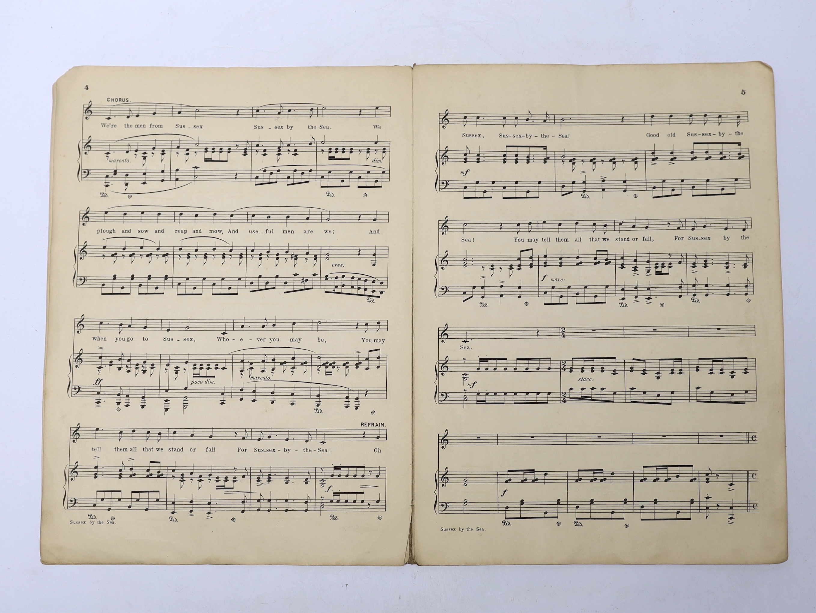 William Ward-Higgs, original sheet music to the County anthem of Sussex 'Sussex by the Sea', 1907. As sung by Brighton & Hove Albion football fans today & possibly marched to by the Albion team at the start of WW1